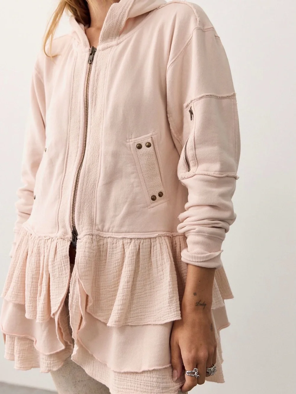 Free People Piece of Cake Zip Up Cardi Light Pink Ruffle Hoodie Jacket X-Small